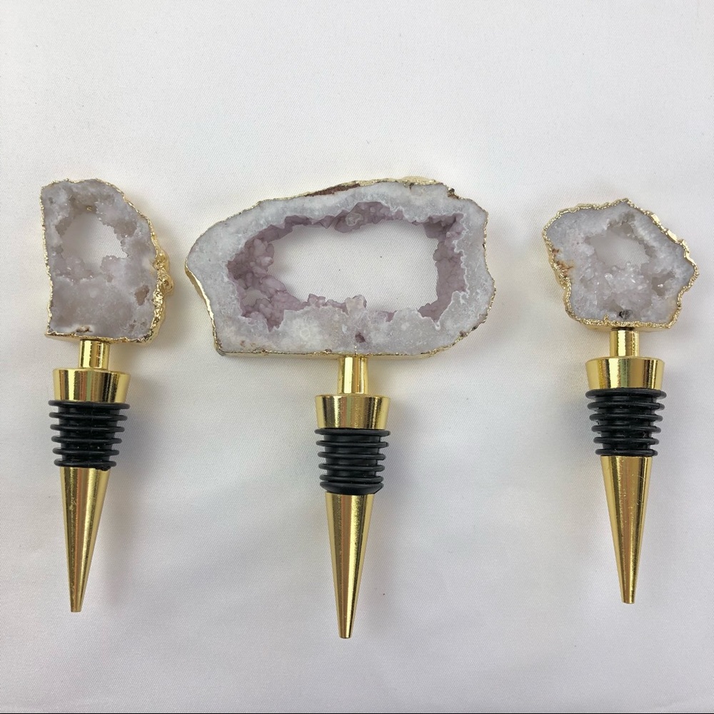Clear Crystal Quartz Druzy Geode gold plated wine bottle stopper topper stone - Picture 9 of 13